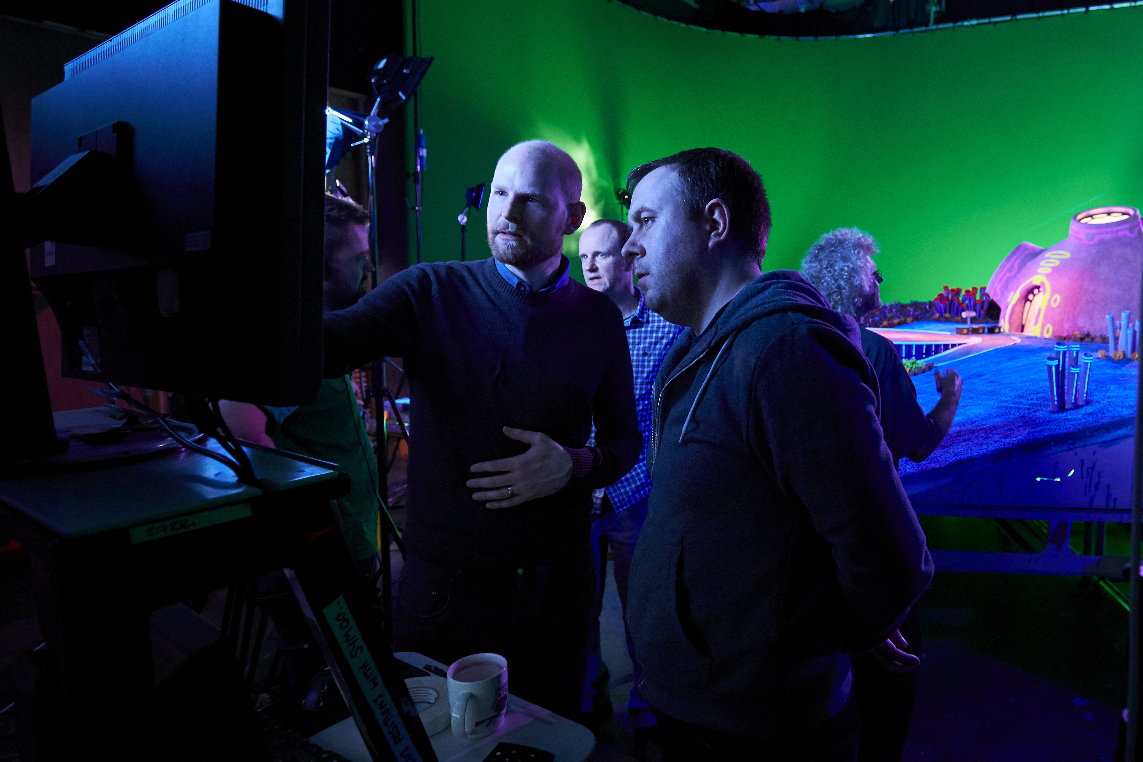Directors Will Becher (L) and Richard Phelan (R) briefing on set.